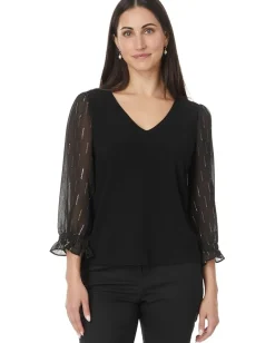 CeCe 3/4 Sleeve Mixed Media Knit Top Rich Black Sale