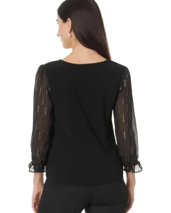 CeCe 3/4 Sleeve Mixed Media Knit Top Rich Black Sale