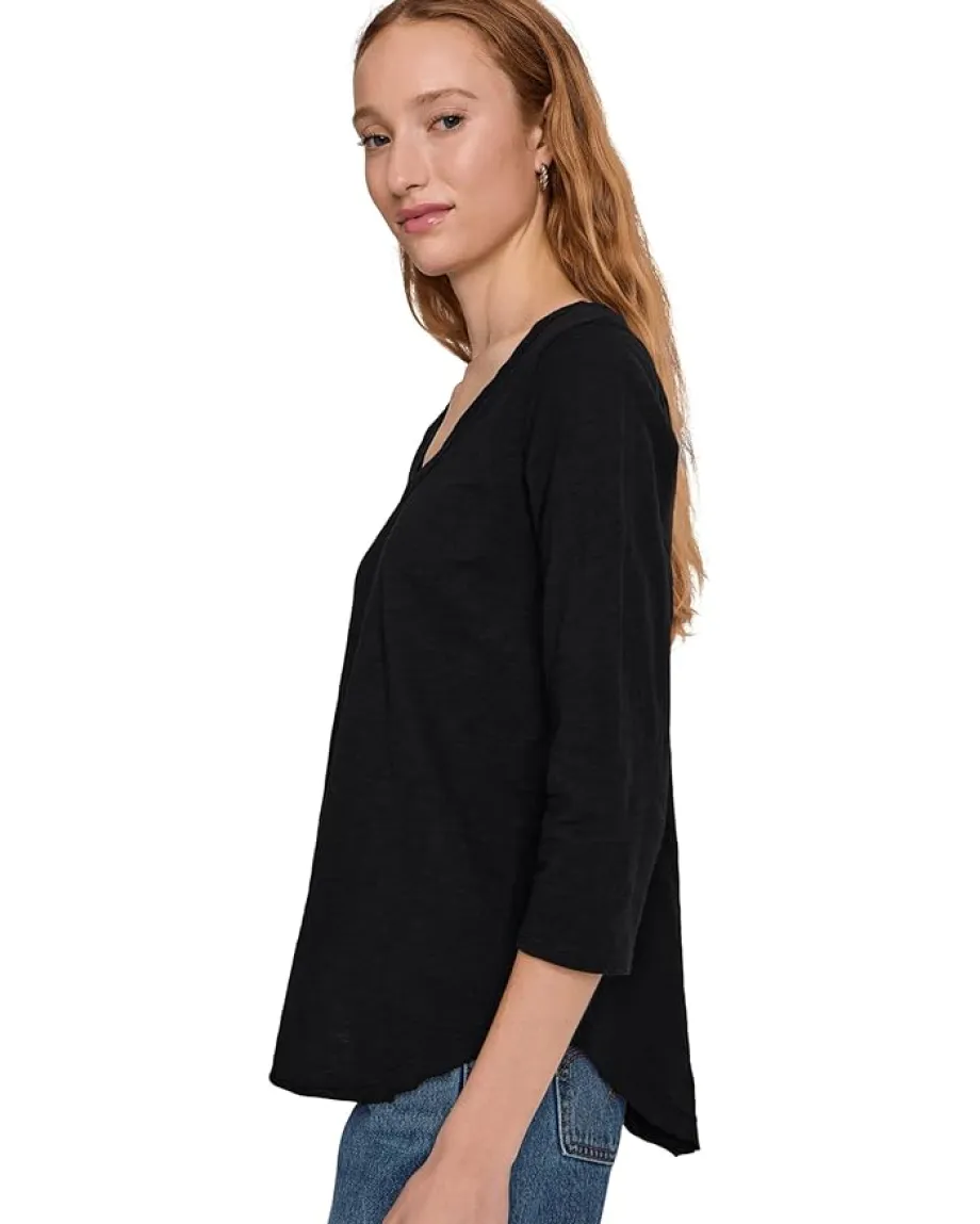 Shirts & Tops|Shirts & Tops|Mod-o-doc 3/4 Sleeve V-Neck Tee with Curved Hem Black1