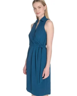 Dresses|Dresses|Calvin Klein Aerowash Collared Elastic Waist Self Tie Midi Cypress