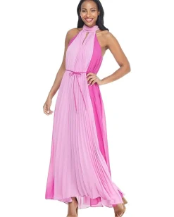 Maggy London All Over Pleat Dress with Waisted Tie and High Neck Summer Plum/Light Orchid Best