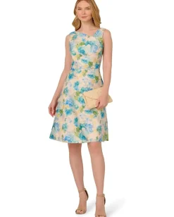 Adrianna Papell Asymmetrical Jacquard Midi Dress Ivory/Blue Multi