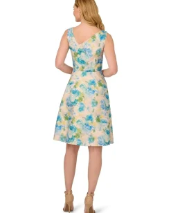 Adrianna Papell Asymmetrical Jacquard Midi Dress Ivory/Blue Multi