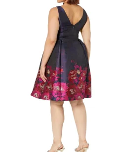 Adrianna Papell Border Jacquard Dress Navy/Pink Multi New