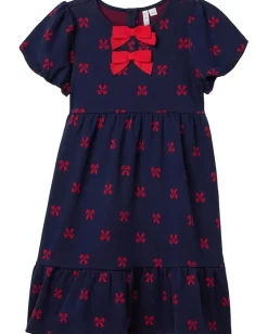 Janie and Jack Clothing<Bow Print Dress (Toddler/Little Kid/Big Kid) Navy Blue