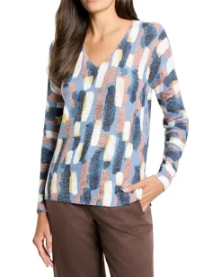 NIC+ZOE Brushstrokes Waffle V-neck Sweater Neutral Multi