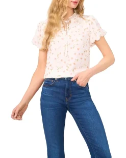 CeCe Bubble Sleeve Split Neck Blouse With Tie New Ivory