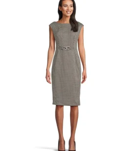 Calvin Klein Cap Sleeve Ponte Belted Sheath Black/Malt/Cream Outlet