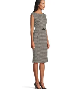 Calvin Klein Cap Sleeve Ponte Belted Sheath Black/Malt/Cream Outlet