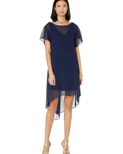 Adrianna Papell Chiffon Overlay Sheath Dress Navy