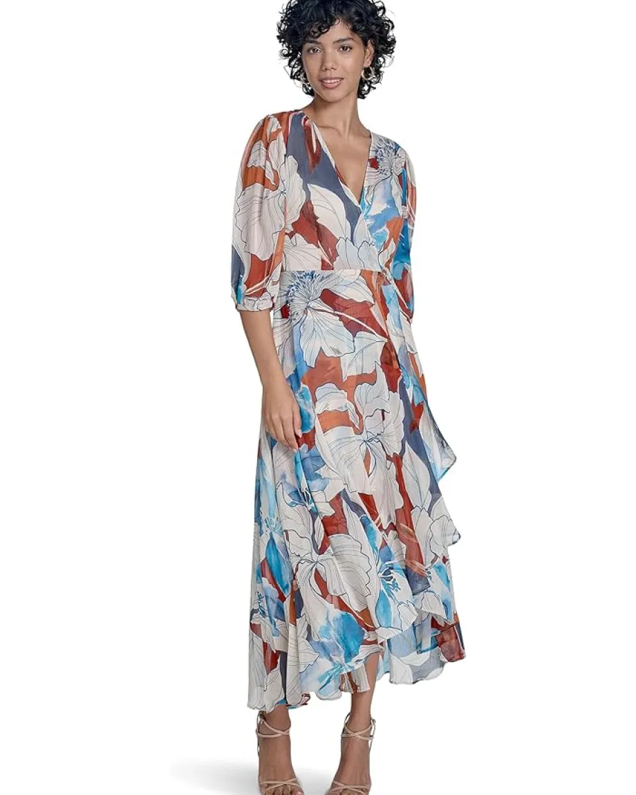 Calvin Klein Dresses|Dresses<Chiffon Puff Sleeve Faux Wrap Oxford Multi
