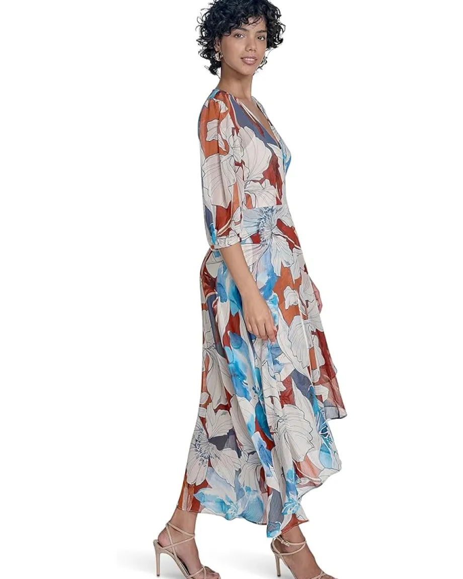 Calvin Klein Dresses|Dresses<Chiffon Puff Sleeve Faux Wrap Oxford Multi