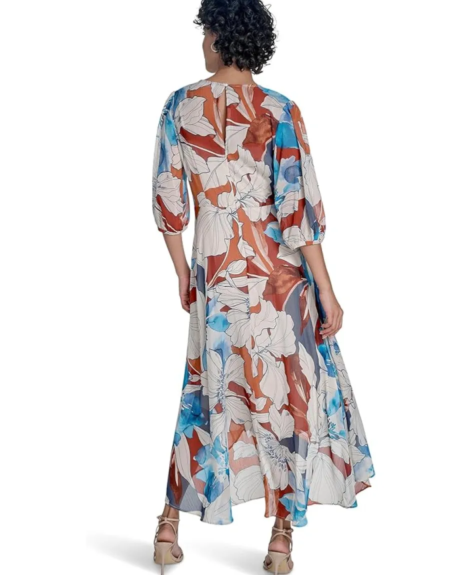 Calvin Klein Dresses|Dresses<Chiffon Puff Sleeve Faux Wrap Oxford Multi