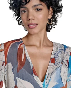 Calvin Klein Dresses|Dresses<Chiffon Puff Sleeve Faux Wrap Oxford Multi