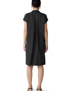 Dresses|Dresses|Eileen Fisher Cotton Blend Stripe Stitch Notch Collar Shirt Dress Black