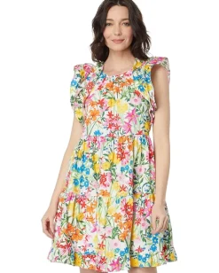 Maggy London Cotton Poplin Floral Print Ruffle Sleeve Dress Soft White/Pink Best