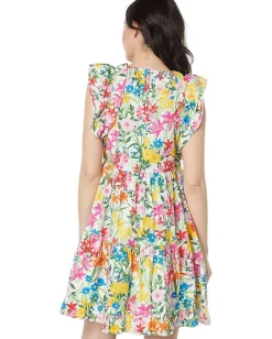 Maggy London Cotton Poplin Floral Print Ruffle Sleeve Dress Soft White/Pink Best