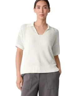 Eileen Fisher Cotton Silk Cord Short Sleeve Johnny Collar Sweater Ivory New