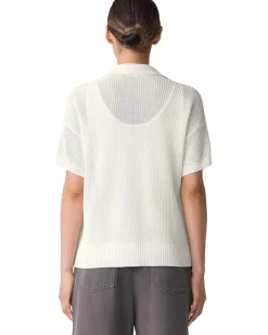 Eileen Fisher Cotton Silk Cord Short Sleeve Johnny Collar Sweater Ivory New