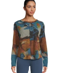 Elliott Lauren Crew Neck Long Sleeve Top with Overlok Stitching Blue Multi New