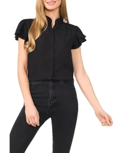 CeCe Double Flutter Short Sleeves Hidden Placket Blouse Rich Black Discount