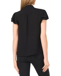 CeCe Double Flutter Short Sleeves Hidden Placket Blouse Rich Black Discount