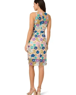 Adrianna Papell Embroidered Column Midi Dress Blue Multi New
