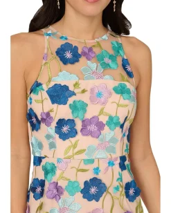 Adrianna Papell Embroidered Column Midi Dress Blue Multi New