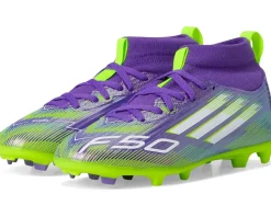 adidas Kids F50 League Mid Top Firm Ground/Multi Ground Cleats (Little Kid/Big Kid) Purple Rush/White/Lucid Lemon Clearance