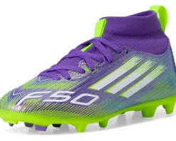 adidas Kids F50 League Mid Top Firm Ground/Multi Ground Cleats (Little Kid/Big Kid) Purple Rush/White/Lucid Lemon Clearance