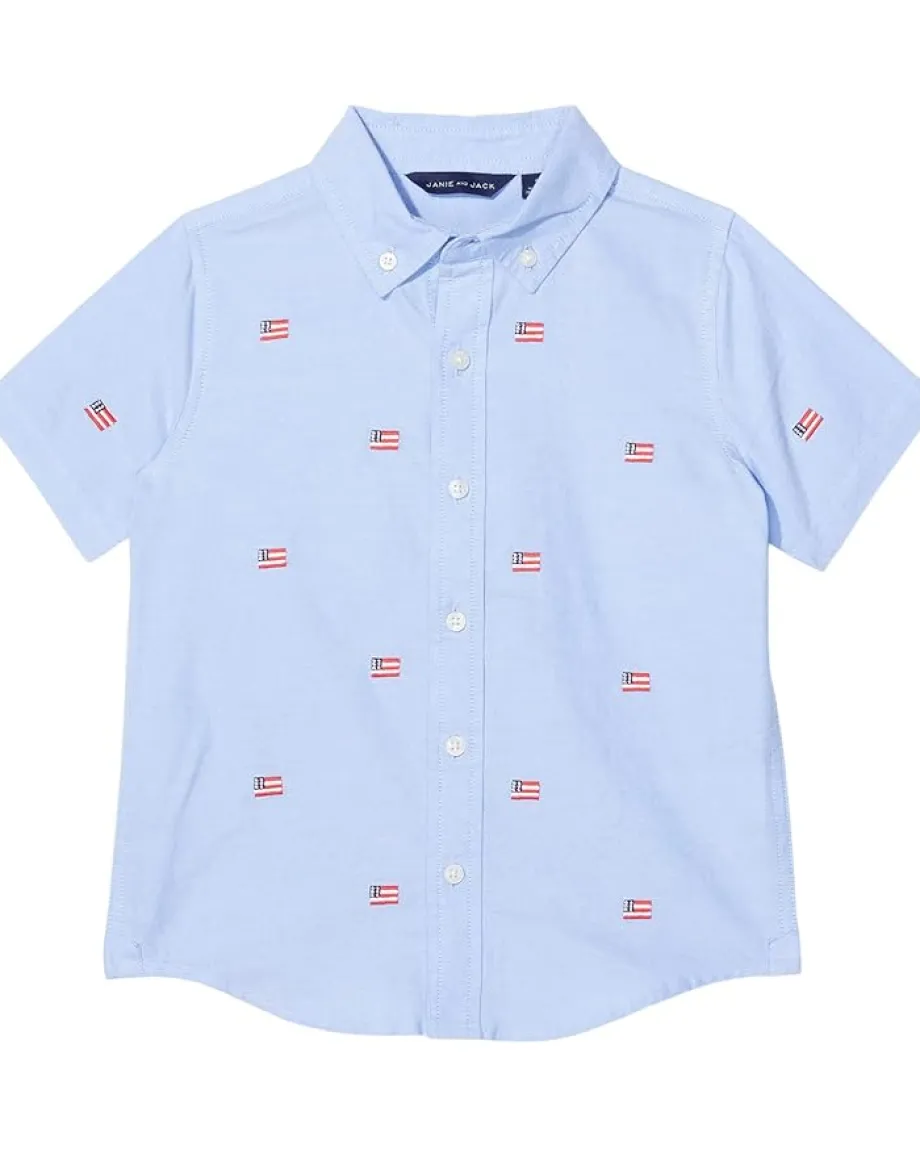 Clothing|Janie and Jack Flag Embroidered Oxford Button-Up (Toddler/Little Kids/Big Kids) Multicolor