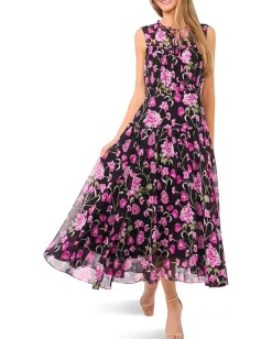 CeCe Dresses|Dresses<Floral Tie Neck Shirred Midi Dress Rich Black