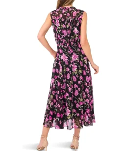 CeCe Dresses|Dresses<Floral Tie Neck Shirred Midi Dress Rich Black