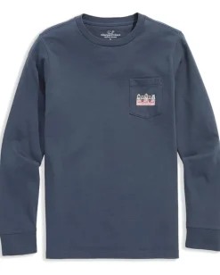 Vineyard Vines Kids Ghost Pups Logo Box Long Sleeve Pocket Tee (Little Kid/Big Kid) Blue Blazer Sale