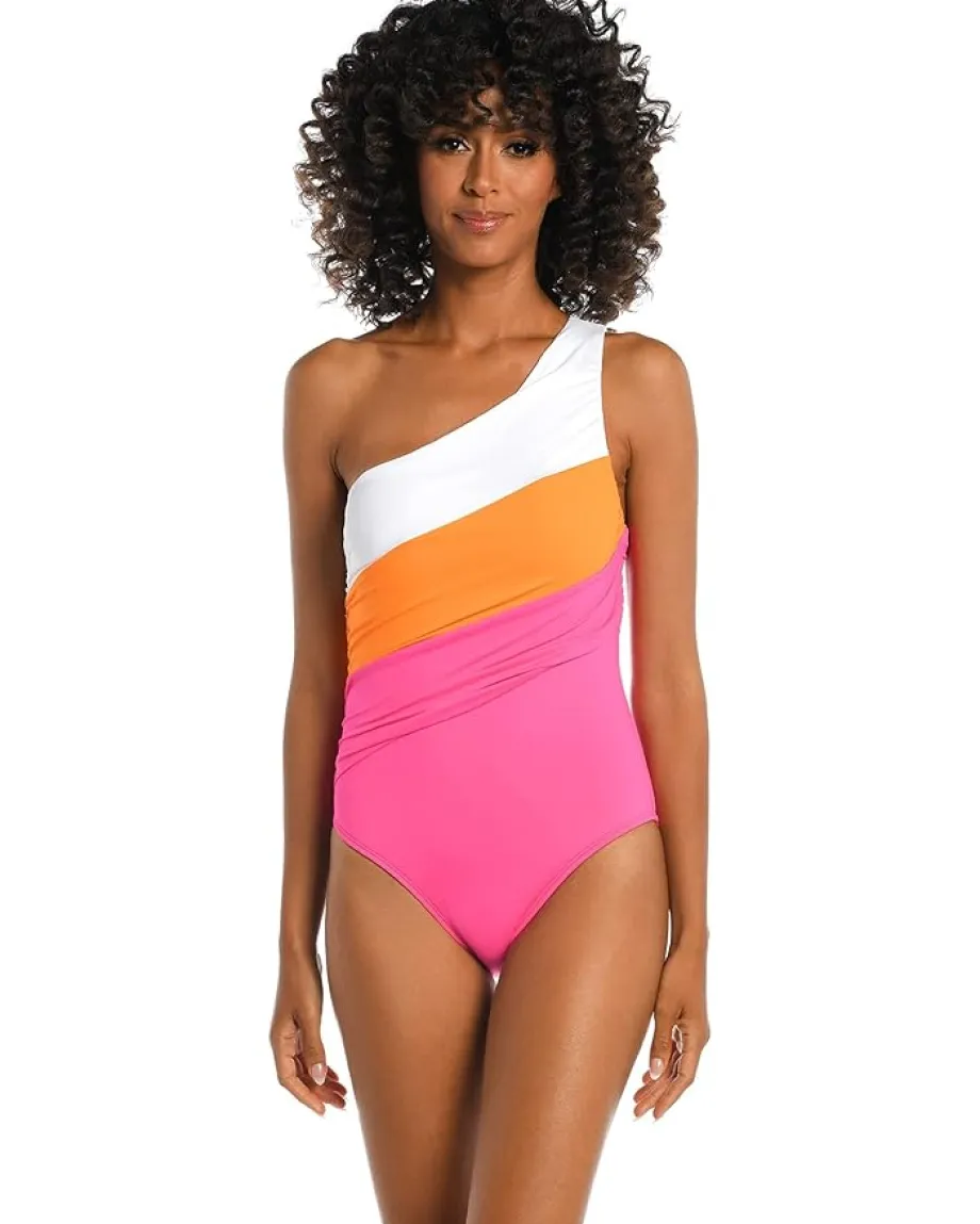 La Blanca Island Goddess Shirred Color-Block One Shoulder Mio Tangerine Best