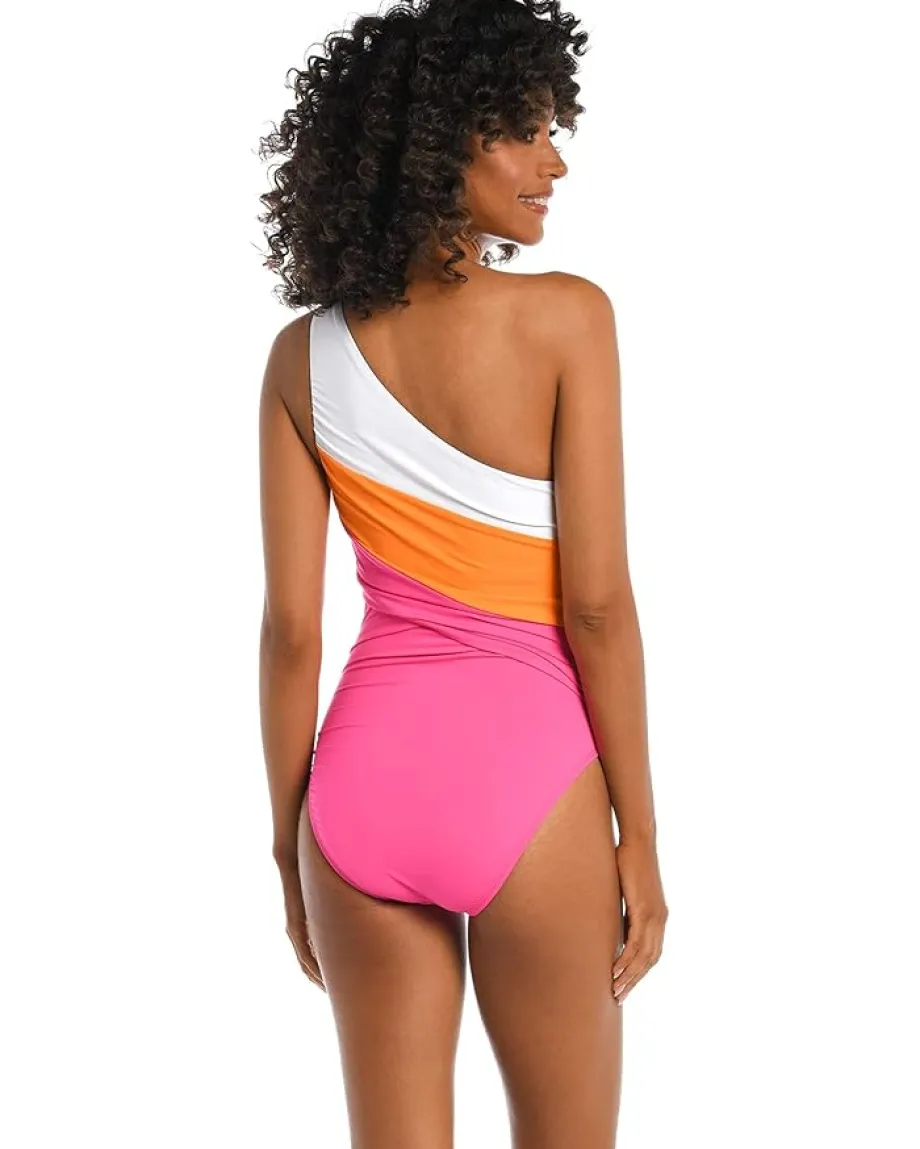 La Blanca Island Goddess Shirred Color-Block One Shoulder Mio Tangerine Best