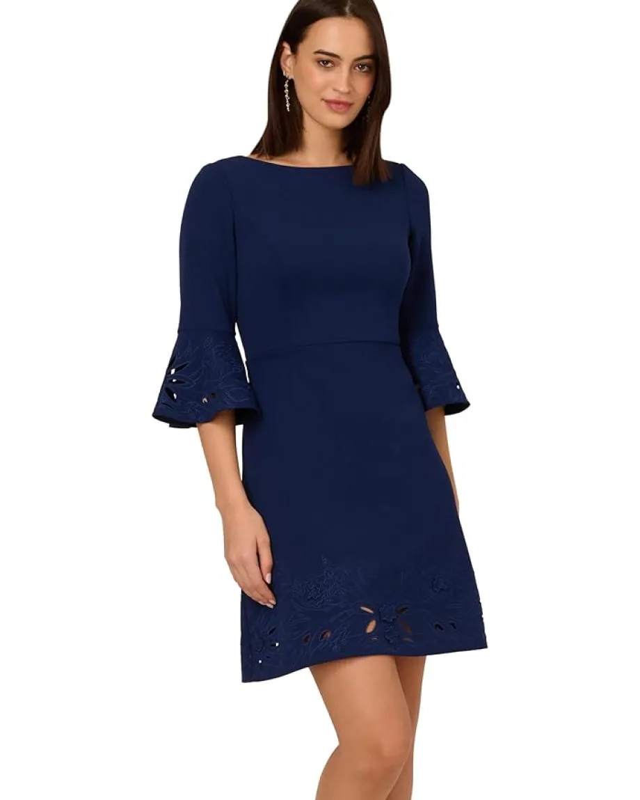 Adrianna Papell Knit Crepe Combo Short Dress Navy Sateen Online