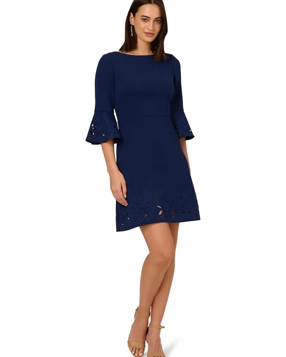 Adrianna Papell Knit Crepe Combo Short Dress Navy Sateen Online