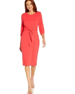 Adrianna Papell Knit Crepe Tie Waist Sheath Orange Coral