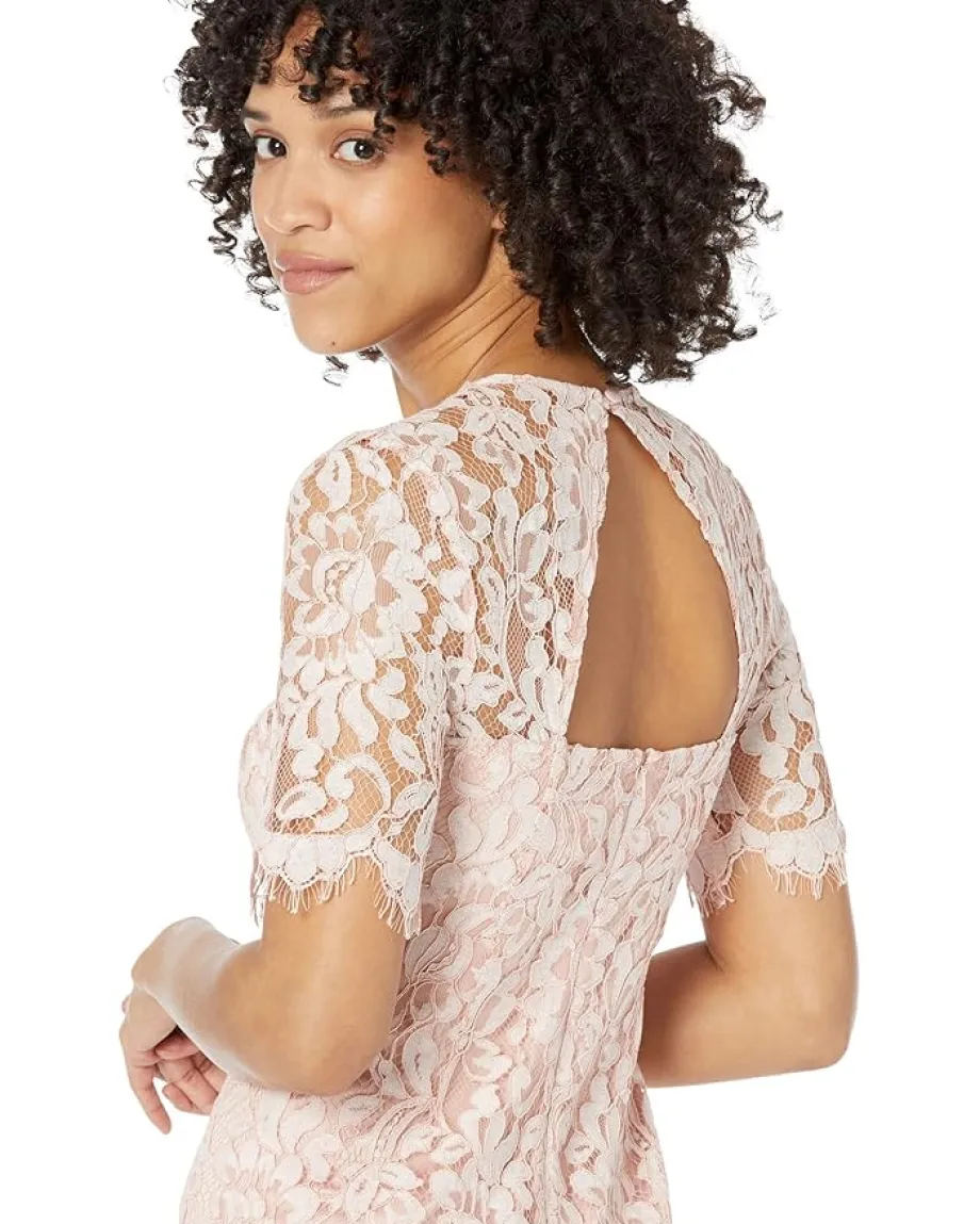 Dresses|Dresses|Vince Camuto Lace Jewel Neck Elbow Sleeve Bodycon Open Back Dress Blush