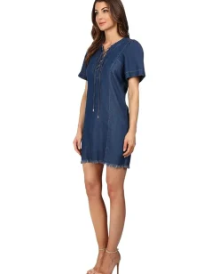 7 For All Mankind Dresses|Dresses<Lace-Up Denim Dress Deep Lagoon Blue