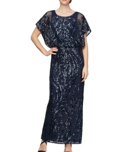 Alex Evenings Long Blouson Column Dress with Flutter Sleeves Navy Outlet