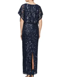 Alex Evenings Long Blouson Column Dress with Flutter Sleeves Navy Outlet