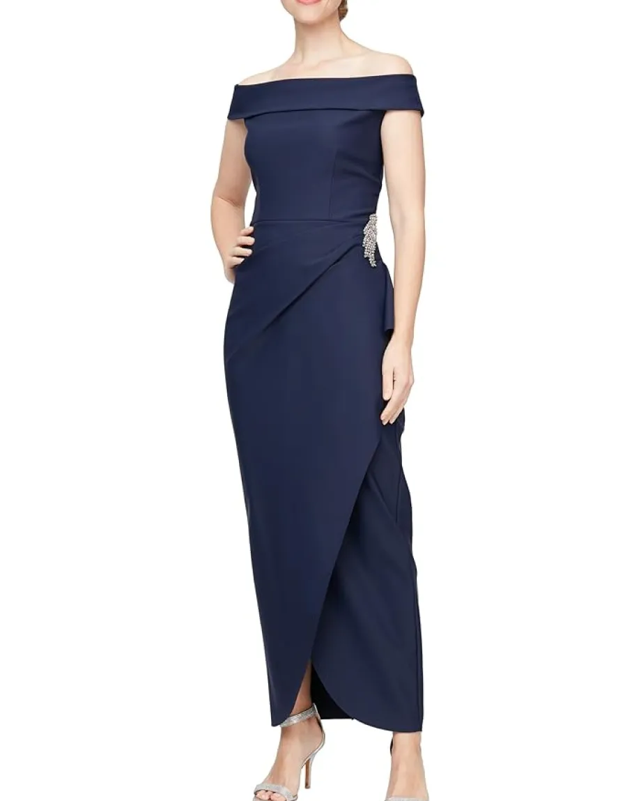 Alex Evenings Long Compression Off-the-Shoulder Dress with Hip Embellishment Navy Online