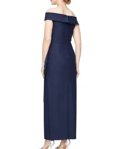 Alex Evenings Long Compression Off-the-Shoulder Dress with Hip Embellishment Navy Online