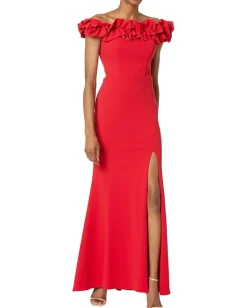 XSCAPE Long Crepe Over-the-Shoulder Ruffle Gown Red Best