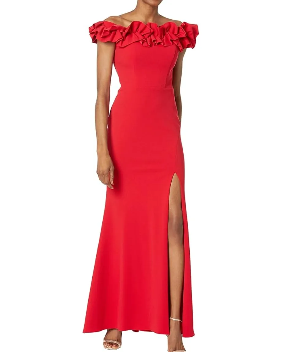 XSCAPE Long Crepe Over-the-Shoulder Ruffle Gown Red Best