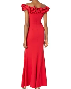 XSCAPE Long Crepe Over-the-Shoulder Ruffle Gown Red Best