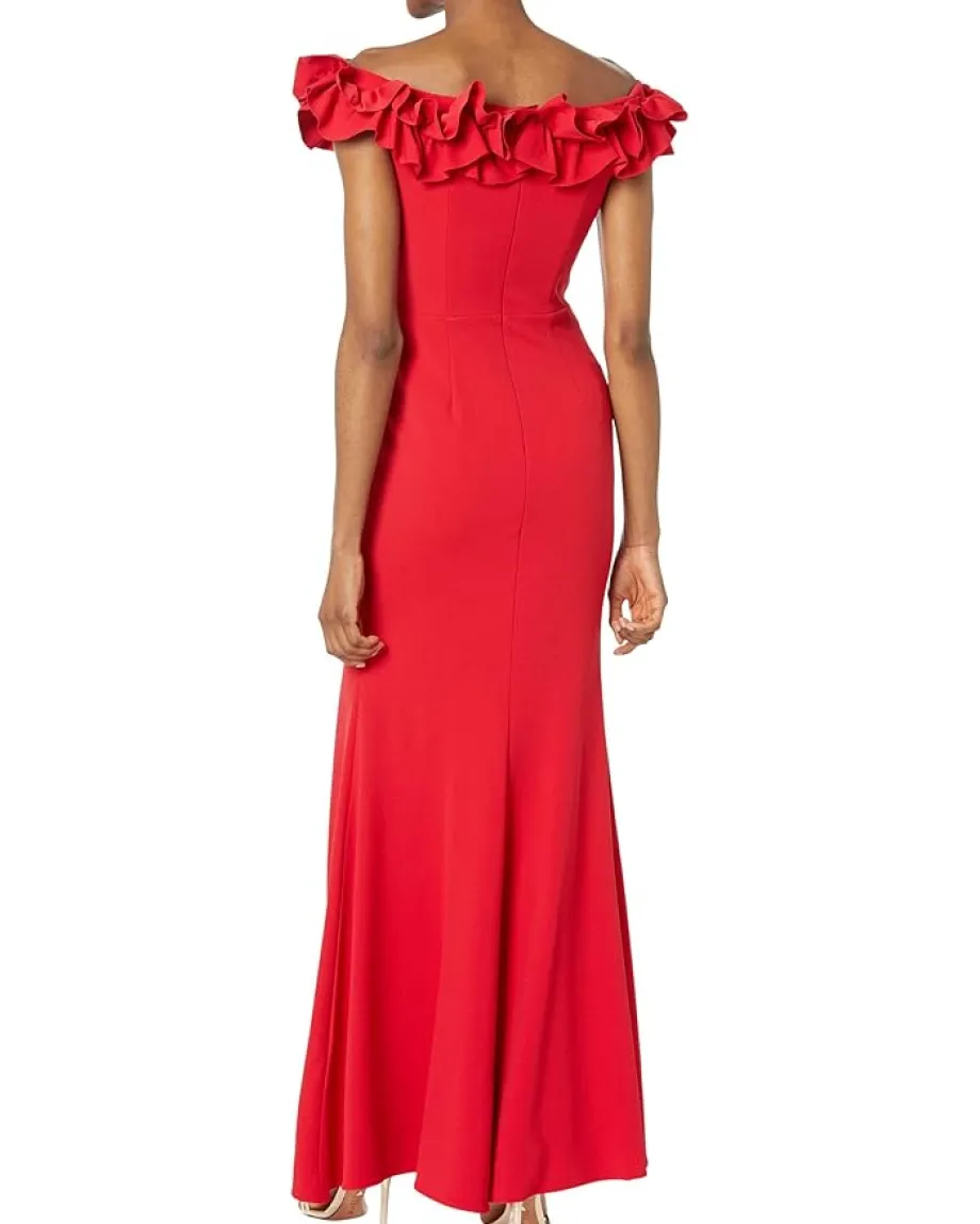 XSCAPE Long Crepe Over-the-Shoulder Ruffle Gown Red Best