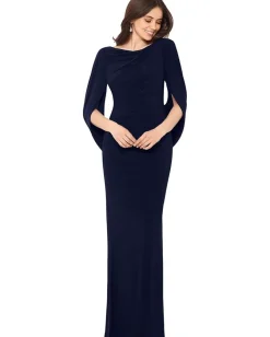 Betsy & Adam Dresses|Dresses<Long Jersey Ruched Drape Back Dress Navy